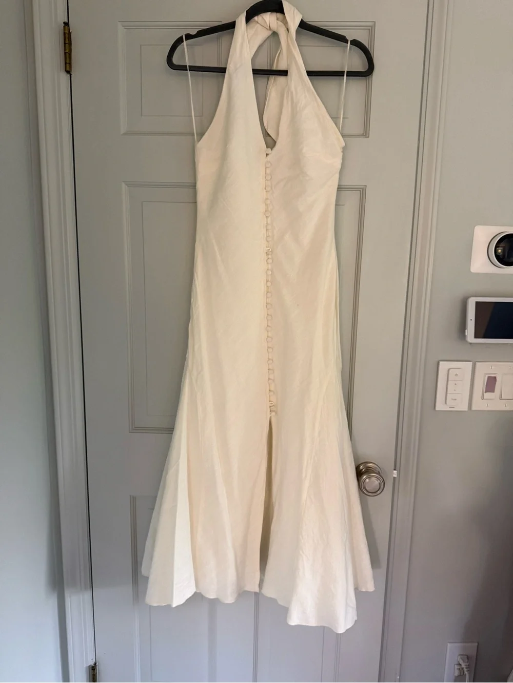 cult gaia ivory halter button-front midi dress linen with wrapped buttons - Picture 5 of 12